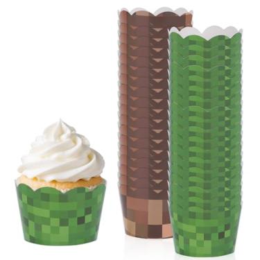 Imagem de 36un Embrulhos Cupcake de Pixel, Embalagens Cupcake Decorativas com Tema de Videogame para Meninos Meninas Decoração Bolo e Sobremesa para Festa Aniversário(Marrom e Verde)