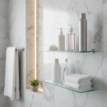 Imagem de Prateleira de Vidro Temperado para Banheiro e Cozinha, 35x10cm, Kit com 2 Peças, Transparente, Suportes Metálicos Inclusos