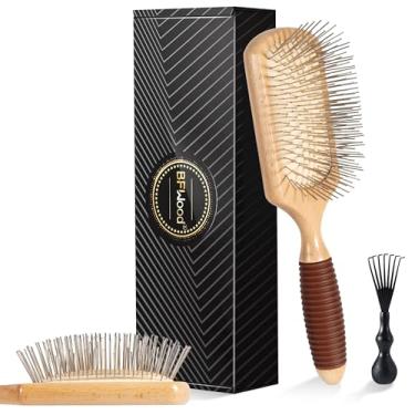 Imagem de BFWood Escova de cabelo com cerdas de aço, escova de cabelo de metal, ajuda no crescimento do cabelo e massageia o couro cabeludo, escova de cabelo antifrizz para pentear