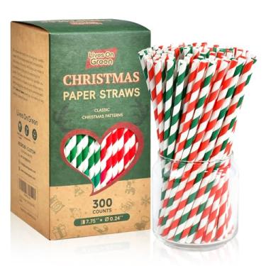 Imagem de Lives On Green Canudos de papel para beber de Natal, listras verdes vermelhas, canudos descartáveis para coquetéis, café, suco, decorações de festa - Pacote com 300, 19,7 cm