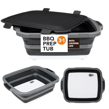 Imagem de Banheira grande dobrável para preparação de churrasco com tampa de bloqueio, cesta para preparação de refeições, armazenamento de alimentos, tábua de corte de plástico (4,22 gal/16L), pia de