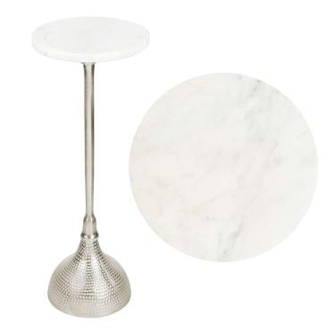 Imagem de JONATHAN Y END4001B Ava mesa de bebidas com pedestal de metal contemporâneo Art Déco de 60 cm e mesa de canto decorativa com tampo redondo de mármore branco e base martelada para sala de estar, quarto