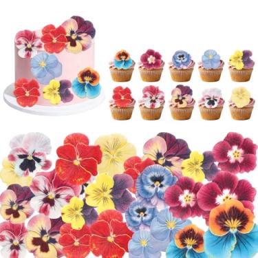Imagem de 60un. Decoração Bolo Flores Comestíveis, Topper Bolo Amor-Perfeito Papel Wafer Decorações Festa Aniversário Primaveril Coloridas para Tema de Casamento Artesanato DIY Materiais