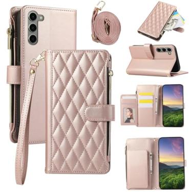 Imagem de Capa carteira para Samsung Galaxy S23, capa de couro com 6 compartimentos para cartão e 1 compartimento para dinheiro e 1 bolsa com zíper, capa à prova de choque com fivela magnética com alça de mão e