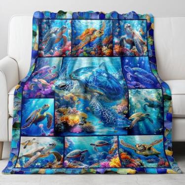 Imagem de Cobertor de tartaruga super macio aconchegante de flanela para crianças, meninos, meninas, mulheres, animais marinhos, estrelas, tartarugas marinhas, presente temático, azul-petróleo, manta decorativa
