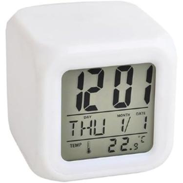 Imagem de Relógio Digital Cubo LED, Despertador de Mesa com Display LCD, Branco, 8x8x8cm, Alimentação por Pilhas AAA
