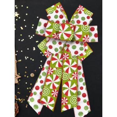 Imagem de Grandes laços de Natal para guirlandas, guirlanda de bolinhas vermelhas verdes com glitter, laços de doces de Natal para porta da frente, enfeite de árvore de serapilheira de Natal para decoração