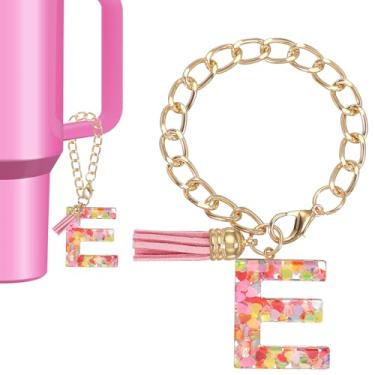 Imagem de Berloque de letras para copo Stanley, lindo pingente inicial E acessórios para chaveiro Stanley Tumbler Handle chaveiro personalizado para mulheres, rosa