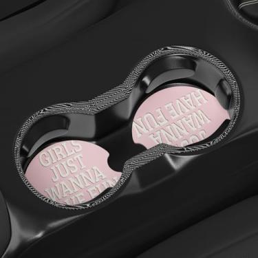 Imagem de Girls Just Wanna Have Fun Porta-copos de carro rosa pacote com 2, lindo suporte de copo feminino rosa preppy tapetes antiderrapantes para carro, mesa, bebidas, acessórios de decoração de 6 cm
