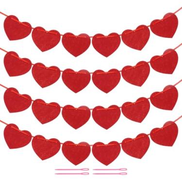 Imagem de 32 peças de faixa de grinalda de coração de feltro de coração guirlanda de dia dos namorados vermelho horizontal para decoração de dia dos namorados, aniversário, festa de casamento