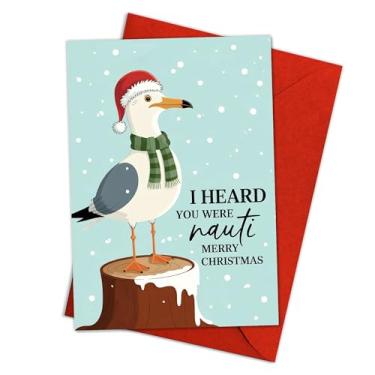 Imagem de (13,5 x 20,3 cm) Cartão de Natal I Heard You Were Nauti, Saudação Náutica engraçada com gaivota em chapéu de Papai Noel, cartão temático de oceano bem-humorado com envelope vermelho para marinheiros