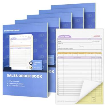 Imagem de ESSENTIAL Livro de pedidos de vendas, cópia sem carbono de 2 partes, branco e canário, 14 x 21 cm, pacote com 5, 50 unidades por livro