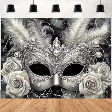 Imagem de Fundo de baile de máscaras de feliz aniversário preto prata com fundo para fotografia de baile de máscaras rosa branca para festa de baile de máscaras, fundo de foto de dança (preto, 2,1 x 1,5 m)