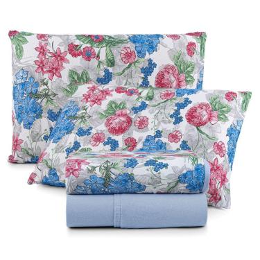 Imagem de Jogo De Cama Lençol Sonho Bom Casal Em Malha 4 Peças Azul 100% Algodão