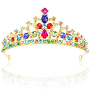Imagem de Ahoney Tiara de princesa coroa dourada de cristal, acessórios de cabelo para mulheres, meninas, aniversário, Halloween, cosplay - colorida