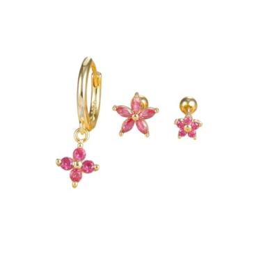 Imagem de Brincos de argola 2026 de aço inoxidável rosa vermelha zircônia cúbica para mulheres, coroa de flores, cartilagem, acessório de moda para o estilo diário feminino