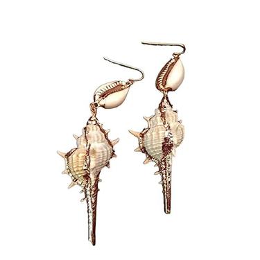 Imagem de Brincos femininos boêmios fashion oceano verão praia natural concha concha caracol dourado banhado a ouro brincos de gancho
