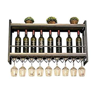 Imagem de Prateleiras de vinho vintage montadas na parede, unidade de bar de cozinha prateleiras flutuantes placa de madeira rústica suporte de garrafa de vinho suporte de garrafa de vinho de ferro de metal