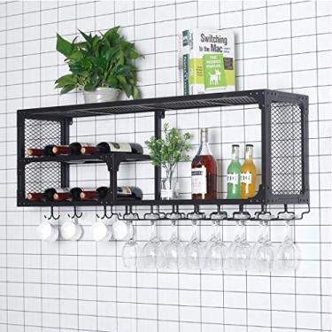 Imagem de Prateleiras flutuantes para balcão de bar, suporte de vinho de parede, suporte para garrafa de vinho e vidro, rack de armazenamento de cálice montado na parede vintage loft, preto (tamanho: 120 × 30