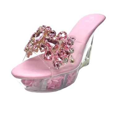 Imagem de mclubgirl Sandálias de cunha cristalinas com joias florais rosa, plataforma decorada com rosa, slides de salto alto transparente de 11 cm, rosa, 35