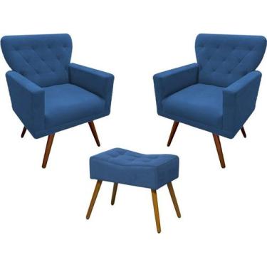 Imagem de Kit 2 Poltronas Decorativa Aurora + 1 Puff Retangular Suede Azul Marin
