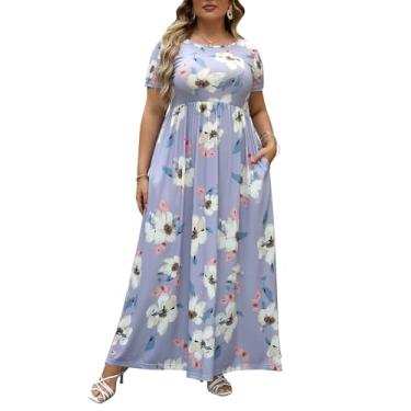 Imagem de Nemidor Vestidos maxi plus size para mulheres curvilíneas verão casual solto manga curta vestido de praia longo com bolso, Roxo claro + estampa, 52