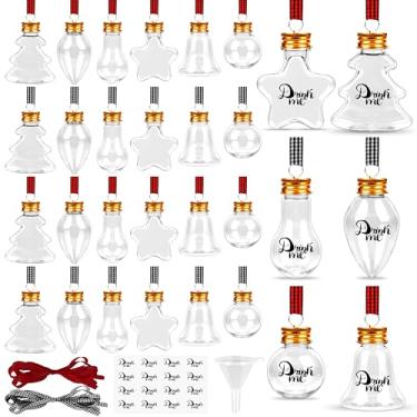 Imagem de 30 bolas de Natal, enfeite removível superior transparente para pendurar com fita xadrez de búfalo e adesivos para decoração de Natal e artesanato de Natal (formato misto)