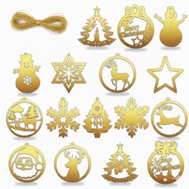 Imagem de ZIG ZAG Conjunto de 16 peças de enfeites de árvore de Natal de madeira – recortes pendurados com acabamento dourado com linha para árvore de Natal, festa de fim de ano e decoração de casa, decoração