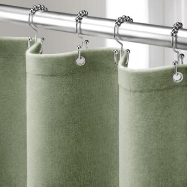 Imagem de XOGUIBO Cortina de chuveiro de linho verde, cortinas de chuveiro Boho Farmhouse para banheiro conjunto de forro de tecido natural de algodão 183 cm L x 183 cm C