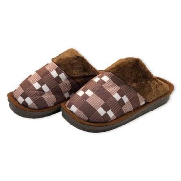 Imagem de Pantufa Masculina Xadrez, Marrom, Poliéster com Sola Antiderrapante, Tamanho 44/45, Kit com 2 Unidades, Conforto para Inverno