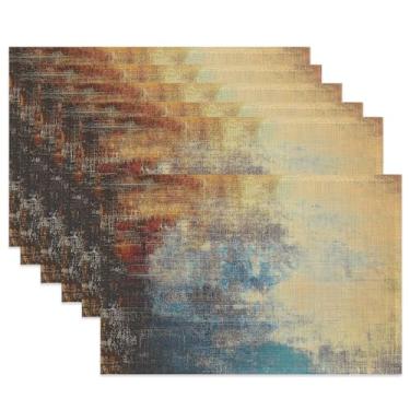 Imagem de Jogo americano de pano, jogo americano rústico vintage de tecido abstrato, conjunto de 6, tapetes de mesa laváveis, azul laranja, tapetes decorativos para jantar, casa, cozinha, festa de férias 29 x