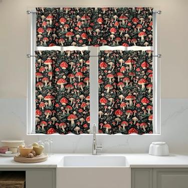 Imagem de sgqjdpmc Conjunto de 3 cortinas de cozinha de cogumelo e sanefas para decoração de cozinha, janelas sobre a pia, cortinas de arte de fazenda, 70 x 91 cm
