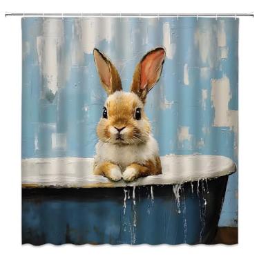 Imagem de Cortina de chuveiro coelhinho fofo coelho engraçado na banheira design de arte animal de Páscoa com fundo abstrato azul decoração de banheiro cortinas de poliéster com ganchos, 70Lx70L