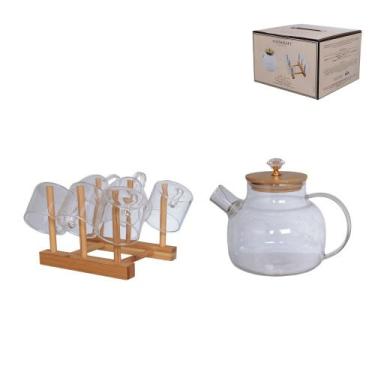 Imagem de Jogo chaleira 1l com 6 xicaras e suporte em bambu borossilicato herbal