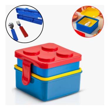 Imagem de Pote Lanche Lancheira Grande Bloco De Montar + Kit Talheres - FORTEBRA