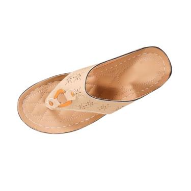 Imagem de Chinelo feminino com fivela de metal vintage boca de peixe cunha fundo grosso design oco casual verão, Bege, 36