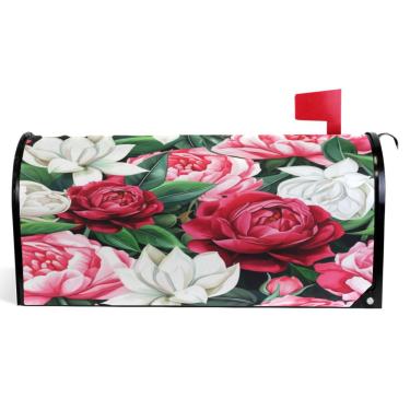 Imagem de TSENQUE Capas magnéticas decorativas para caixa de correio maximalismo branco vermelho rosa peônias primavera caixa de correio envoltório vinil à prova de intempéries decoração de caixa de correio de