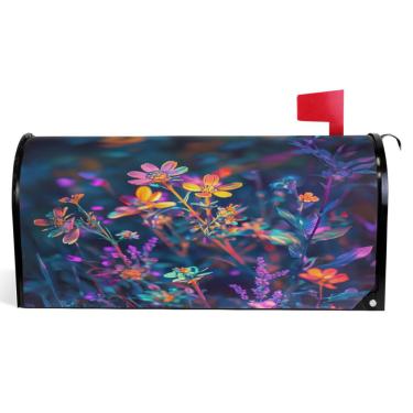Imagem de TSENQUE Capas de caixa de correio magnéticas decorativas de vinil caixa de correio decorações de caixa de correio de casa de fazenda ao ar livre flores néon azul tamanho padrão 52,6 x 45,8 cm