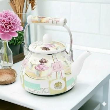 Imagem de Chaleira Esmaltada Vintage 2,5 Litros - Fervedor Retrô para Fogão de Indução, Apito Sonoro, Corpo em Ferro (Linha Charm Cake)