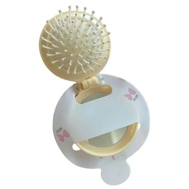 Imagem de Mini escova de cabelo dobrável com espelho, escova compacta de bolso, mini conjunto de espelho de maquiagem portátil para viagem (amarelo)