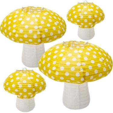 Imagem de Lanternas de papel de cogumelo, 6 peças de decoração pendurada em cogumelos com tema floresta selva país das maravilhas para festa de aniversário cottagecore chá de bebê berçário jardim decorações de