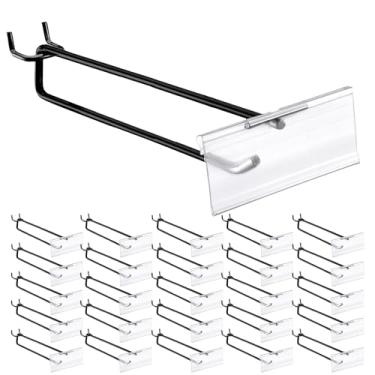Imagem de Tandefio Pacote com 50 ganchos de placa de metal preto de 28 cm com suporte de etiquetas de plástico transparente para exibição de aço inoxidável, ganchos para quadro de pegboard de 1/20.3 cm a 1/10.2