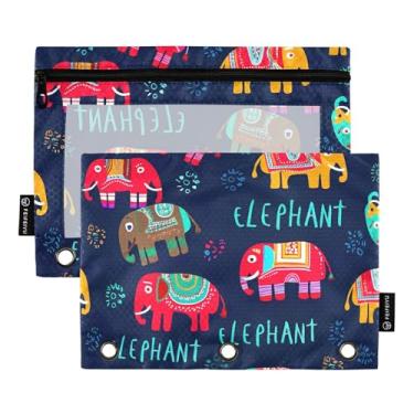 Imagem de GAIGEO Estojo de lápis com 3 anéis coloridos para elefantes azul marinho com zíper, fichários escolares estéticos, bolsos transparentes, fofos, 25 x 18 cm, 2 pacotes
