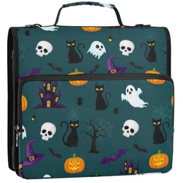 Imagem de 3 fichários para fichários de 3,5 cm Anel D para gatos pretos azul-petróleo com zíper bolsa organizadora de fichários escolares com alça de ombro, estojo de armazenamento rosa com alça, 34,5 x 31,5 x