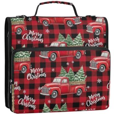 Imagem de Fichários de tecido de 3,8 cm com 3 anéis vintage vermelho para árvores de Natal com zíper organizador de fichário com alça para fichários escolares bolsa com alça de ombro, 34,5 x 31,5 x 9 cm