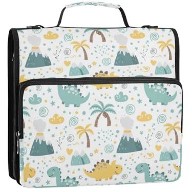 Imagem de Organizador de fichário com zíper, dinossauros, azul-petróleo, 3 anéis, bolsa para fichários escolares florais resistentes com alça de ombro, portfólio e estojo para pasta de anel, 34,5 x 31,5 x 9 cm