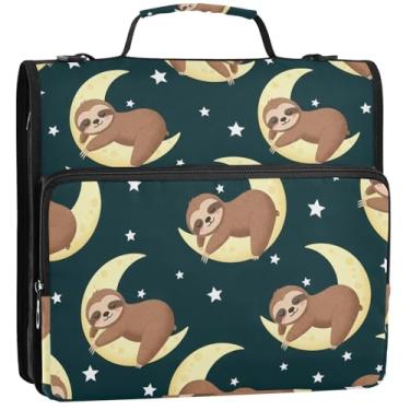 Imagem de Organizador de fichário rosa com zíper, 3 anéis, 3 anéis, preguiças marrons, azul-petróleo, estojo com alça para fichários escolares com alça de ombro, 34,5 x 31,5 x 9 cm