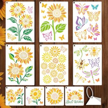 Imagem de GOMAKERER 10 folhas de estênceis de girassol para pintura, 2 tamanhos de cachos de flores reutilizáveis, modelos de arte de plástico floral para pintura na parede, decoração de casa de madeira