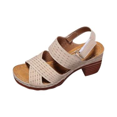 Imagem de Sandálias femininas casuais de salto plataforma com fivela de uma tira e boca de peixe múltiplas, Caqui, 34