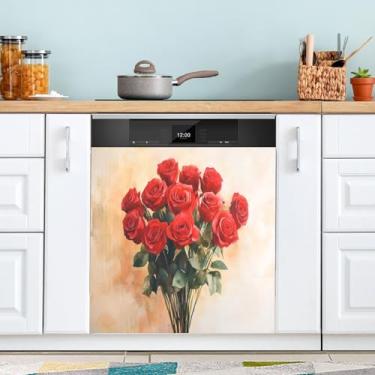 Imagem de ATTX Capa magnética para lava-louças rosa vermelha dos namorados | Adesivo decorativo de eletrodomésticos de 58 x 66 cm para armários domésticos e eletrodomésticos #142